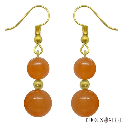 Boucles d'oreilles pendantes dorées doubles perles d'aventurine orange en pierre naturelle et acier chirurgical
