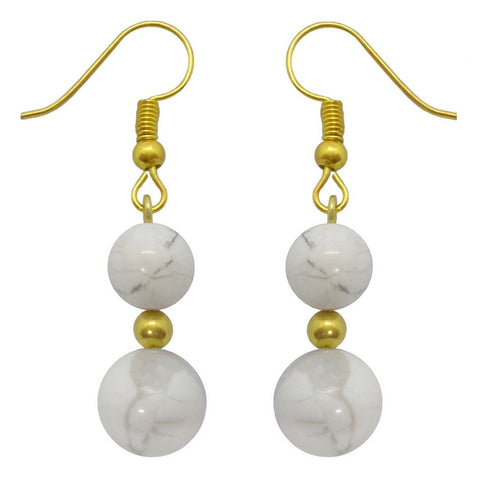 Boucles d'oreilles pendantes dorées doubles perles d'howlite en pierre naturelle et acier chirurgical