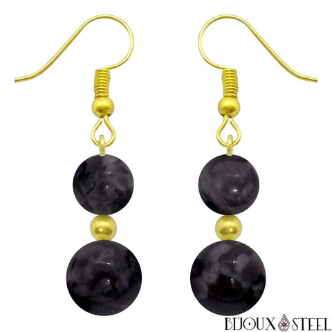 Boucles d'oreilles pendantes dorées doubles perles de gabbro merlinite mystique en pierre naturelle et acier inoxydable