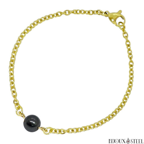 Bracelet à perle d'hématite 8mm en acier inoxydable doré