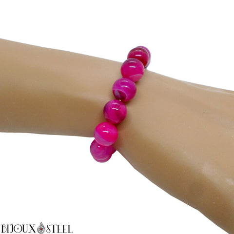 Bracelet élastique à perles d'agate magenta teintée 10mm en pierre naturelle