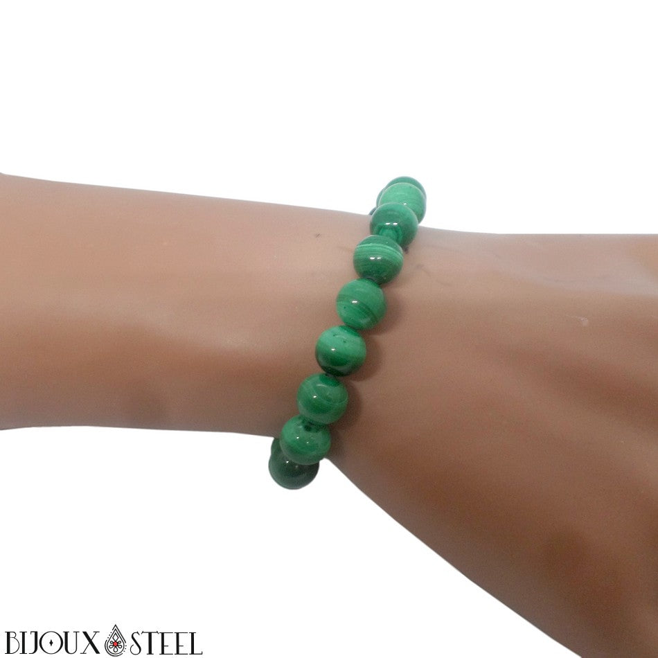 Bracelet Perles Malachite Véritable - Pierre Naturelle Verte, Sans Fermoir