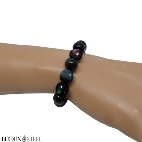 Bracelet élastique en perles de d'obsidienne oeil céleste arc-en-ciel 10mm en pierre naturelle