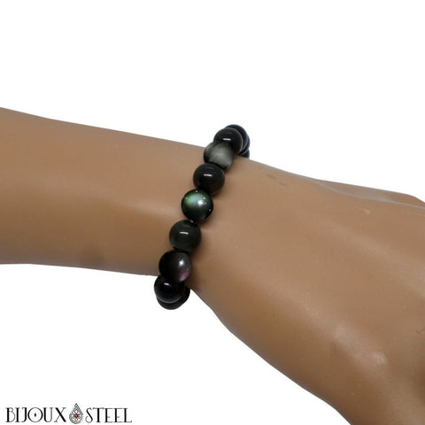 Bracelet élastique en perles d'obsidienne arc-en-ciel oeil céleste 8mm en pierre naturelle