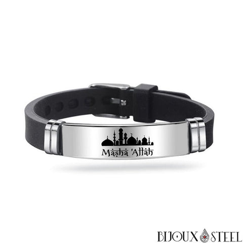 Bracelet homme islam Masha Allah en arabe sur plaque en acier chirurgical et silicone noir