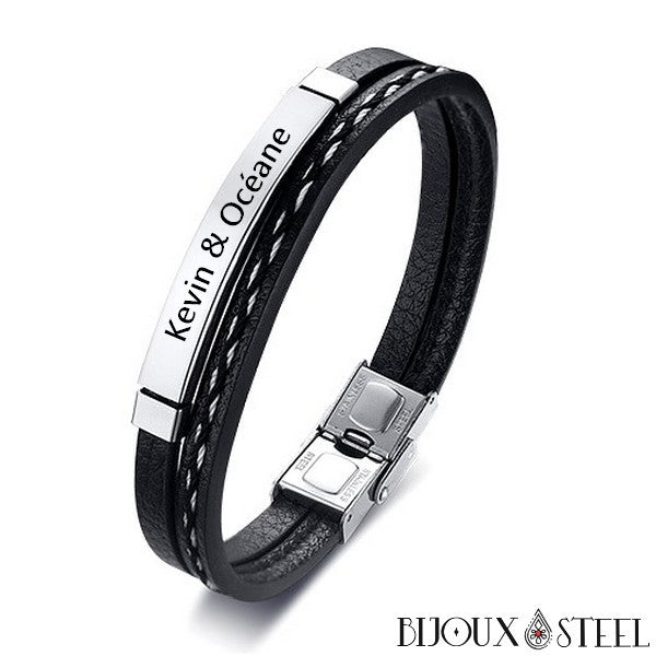 Bracelet homme personnalisable en simili cuir et acier inoxydable