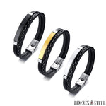 Bracelets hommes personnalisables en simili cuir noir et acier inoxydable