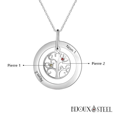 Collier à pendentif arbre de vie personnalisable 2 prénoms et strass pierres de vie en acier chirurgical