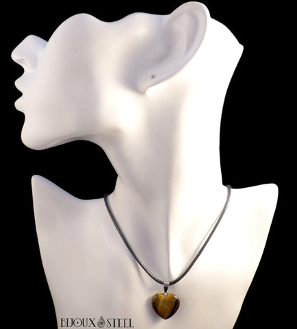 Collier à pendentif cœur en pierre d'oeil de tigre et son cordon noir