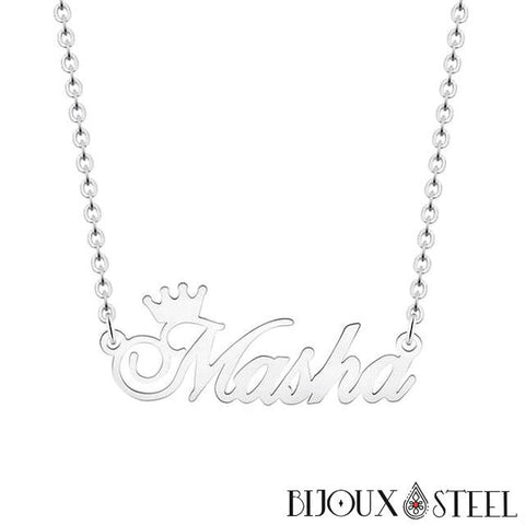 Collier prénom personnalisé argenté à couronne en acier chirurgical