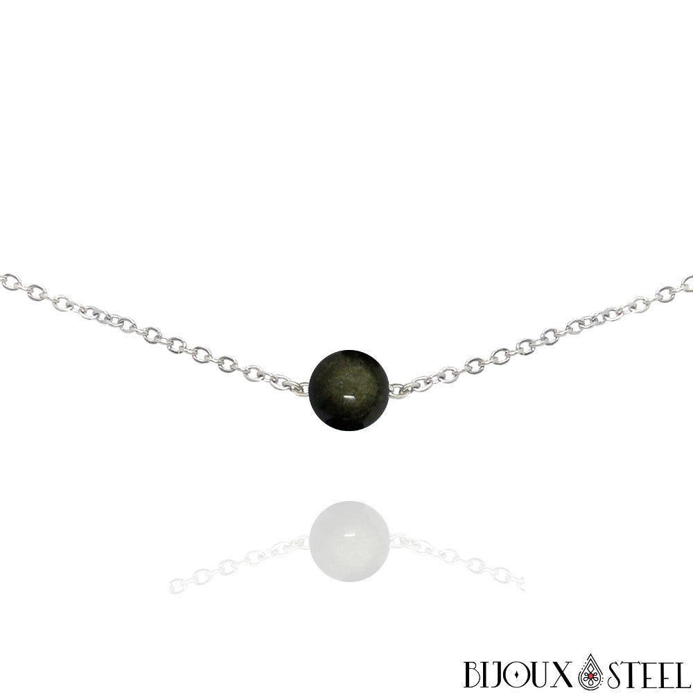 Collier à perle d'obsidienne dorée en acier inoxydable
