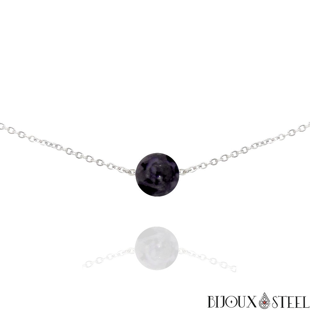 Collier 5 perles Hypersthène d'Égypte chaine en acier inoxydable