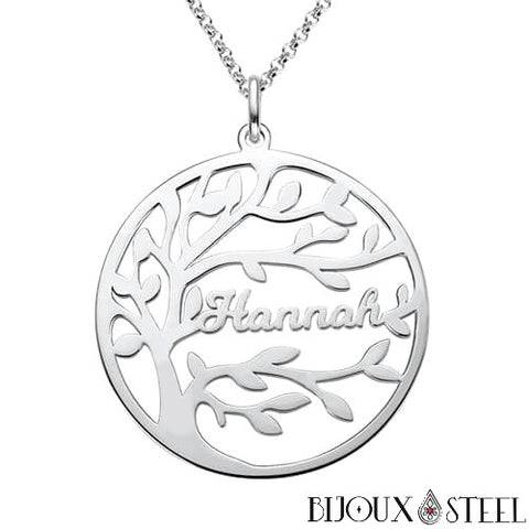 Collier arbre généalogique argenté un prénom personnalisable