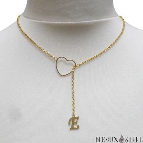 Collier coeur doré à pendentif lettre en acier inoxydable