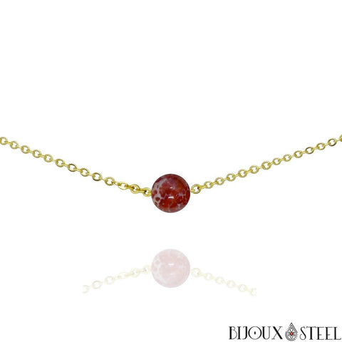Collier doré à perle d'agate de feu 8mm en pierre naturelle et acier inoxydable