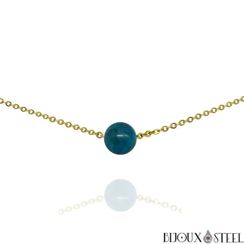 Collier doré à perle d'apatite bleue 10mm en pierre naturelle et acier inoxydable