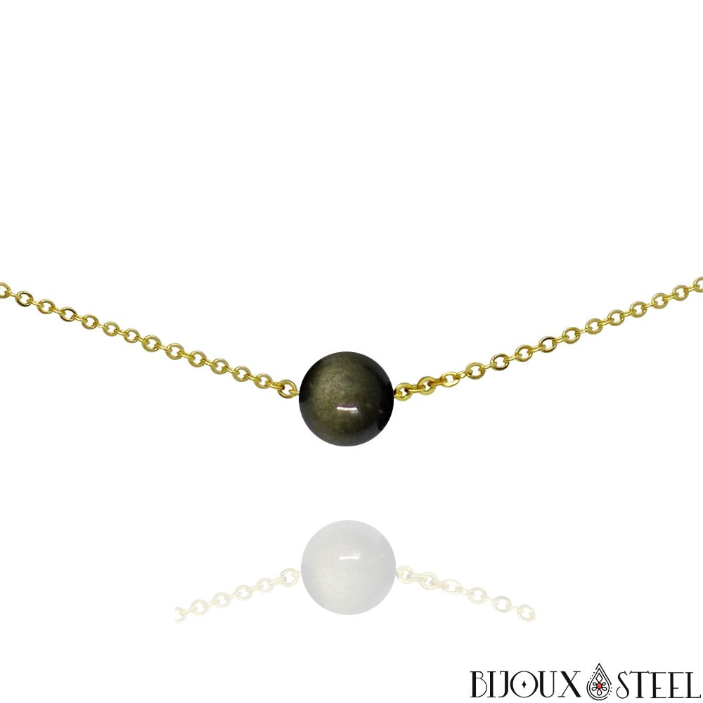 Collier à perle d'obsidienne dorée en acier inoxydable
