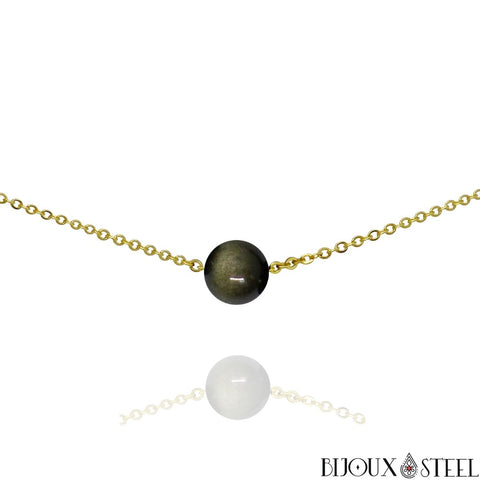 Collier doré à perle d'obsidienne dorée 10mm en pierre naturelle et acier inoxydable