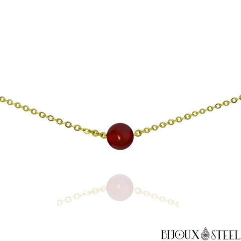 Collier doré à perle de cornaline 8mm en pierre naturelle et acier inoxydable