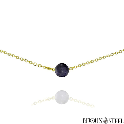 Collier doré à perle de sodalite 8mm en pierre naturelle et acier inoxydable