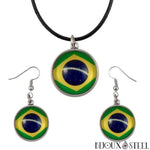 Parure à boucles d'oreilles pendantes et collier à pendentif drapeau du Brésil