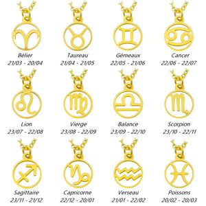 Pendentifs signes astrologiques dorés en acier avec dates de naissance