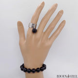 Bague argentée réglable et son bracelet en naturelle pierre d'obsidienne noire 