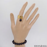 Bague dorée réglable et son bracelet en naturelle pierre d'obsidienne noire 