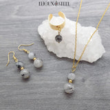 Bague et bijoux femmes dorés en pierre de quartz tourmaline et acier inoxydable