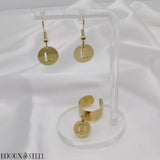 Bague et boucles d'oreilles médailles rondes lettres personnalisées dorées en acier inoxydable