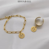 Bague et bracelet trombone médailles rondes lettres personnalisées dorées en acier inoxydable