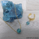 Bague et collier dorés en pierre de fluorite bleue et acier inoxydable
