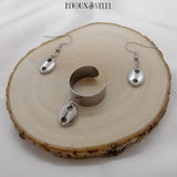 Bague ajustable et boucles d'oreilles argentées grains de café en acier inoxydable