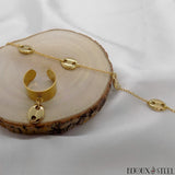 Bague large ajustable et bracelet dorés grains de café en acier inoxydable