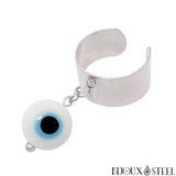 Bague large argentée à pendentif perle mauvais oeil blanc 10mm en acier inoxydable