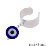 Bague large argentée ajustable à pendentif perle mauvais oeil bleu 10mm