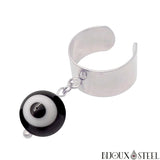 Bague large argentée ajustable perle mauvais oeil noir et blanc 10mm en acier inoxydable