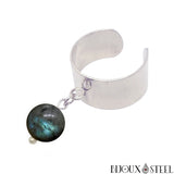 Bague large argentée ajustable à pendentif perle de labradorite 8mm