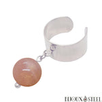 Bague large argentée ajustable à pendentif perle en pierre du soleil 10mm