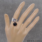 Bague large argentée réglable à pendentif perle d'agate noire rayée en acier chirurgical