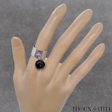 Bague large argentée réglable à pendentif perle d'agate noire rayée en acier chirurgical