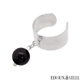 Bague large argentée ajustable à perle d'obsidienne 8mm