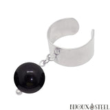 Bague large argentée ajustable à perle d'obsidienne noire 10mm en pierre naturelle et acier inoxydable