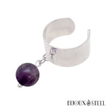 Bague large argentée ajustable à perle de fluorite violette 8mm en pierre naturelle