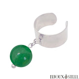 Bague large réglable argentée à perle de jade de Malaisie 10mm en acier inoxydable