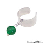 Bague large argentée ajustable à pendentif perle de jade de Malaisie 8mm en pierre naturelle