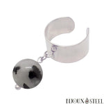 Bague large argentée ajustable à perle de quartz tourmaline 10mm en pierre naturelle et acier inoxydable