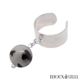 Bague large argentée ajustable à perle de quartz tourmaline 10mm en pierre naturelle et acier inoxydable