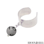 Bague large argentée ajustable à perle de quartz tourmaline 8mm en pierre naturelle