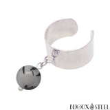 Bague large argentée ajustable à perle de quartz tourmaline 8mm en pierre naturelle